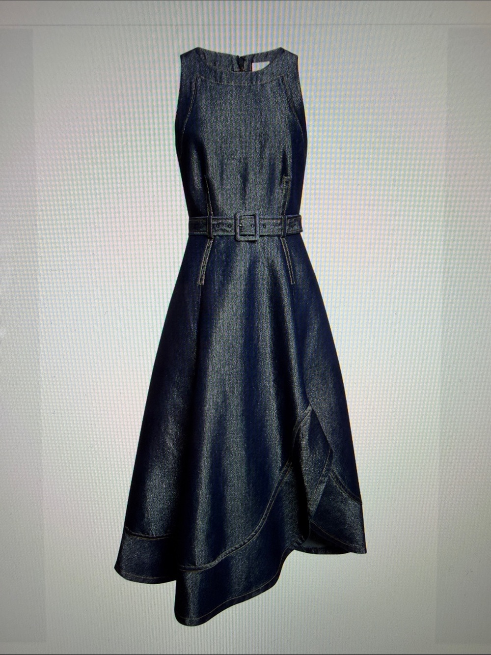 NWOT Sleeveless glitter Cinq A Sept Blue silver Denim Belted Midi Dress Zelda